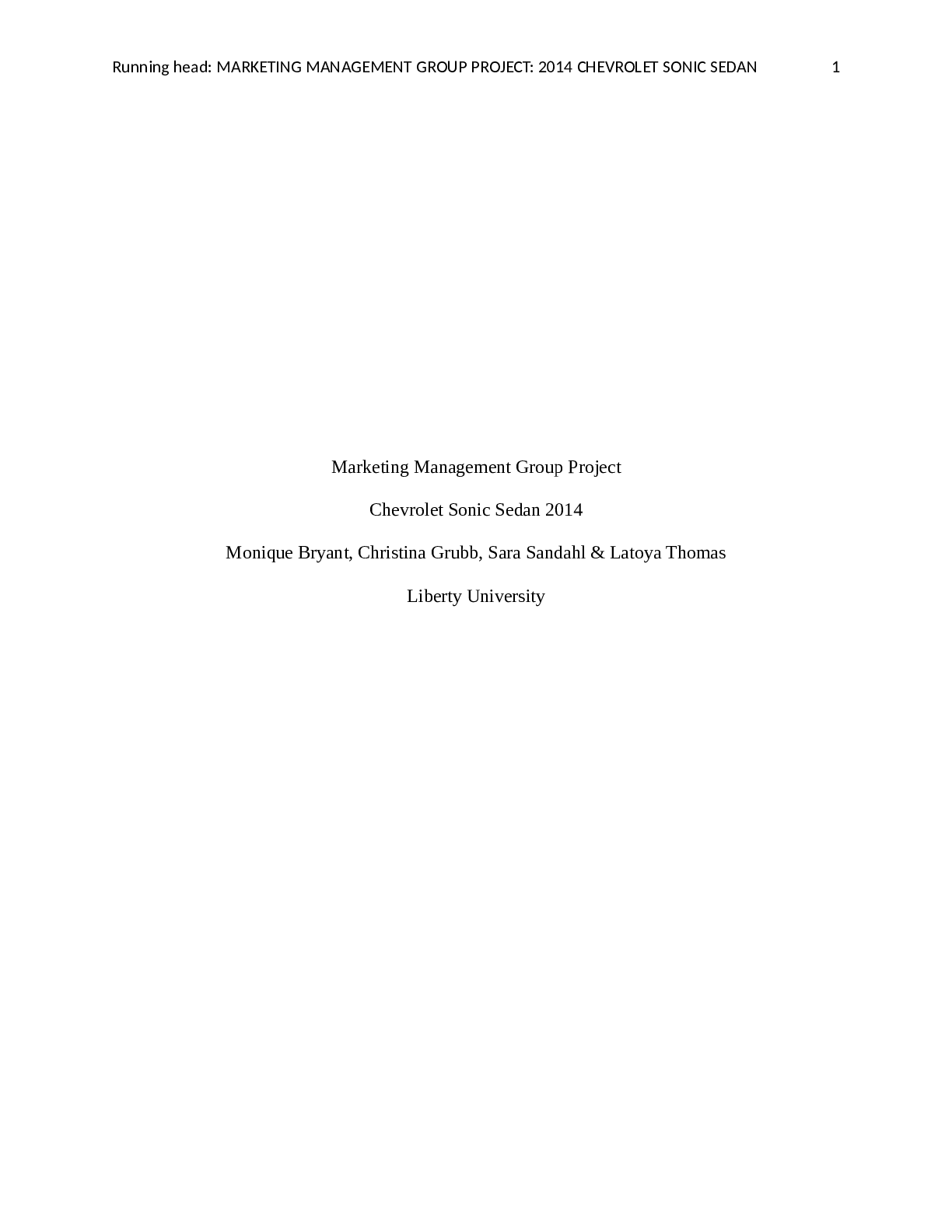 Preview image for Liberty University BUSI B08 MARKETING MANAGEMENT GROUP PROJECT: 2014 CHEVROLET SONIC SEDAN